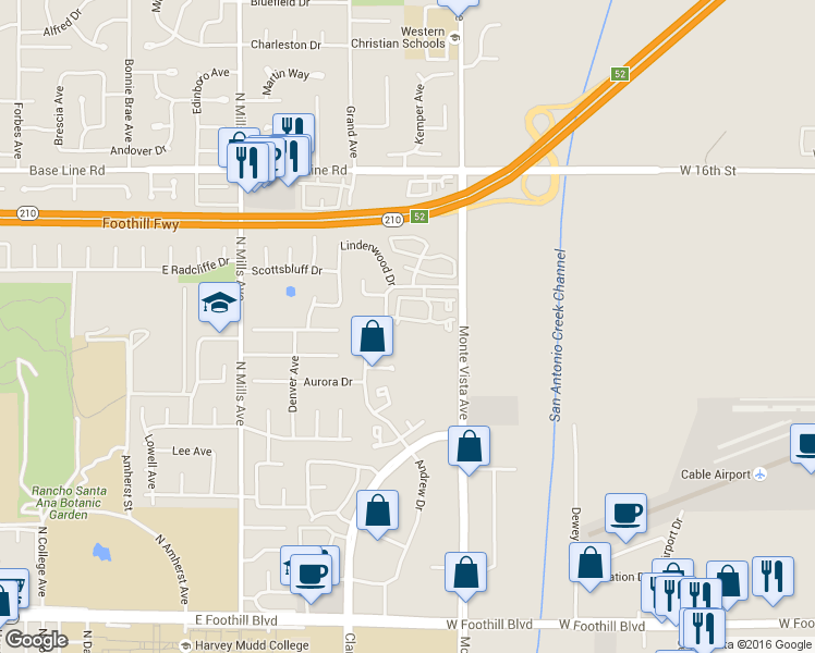 map of restaurants, bars, coffee shops, grocery stores, and more near 832 Trinity Lane in Claremont