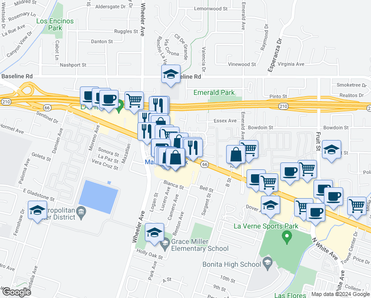 map of restaurants, bars, coffee shops, grocery stores, and more near 3807 Abbey Way in La Verne