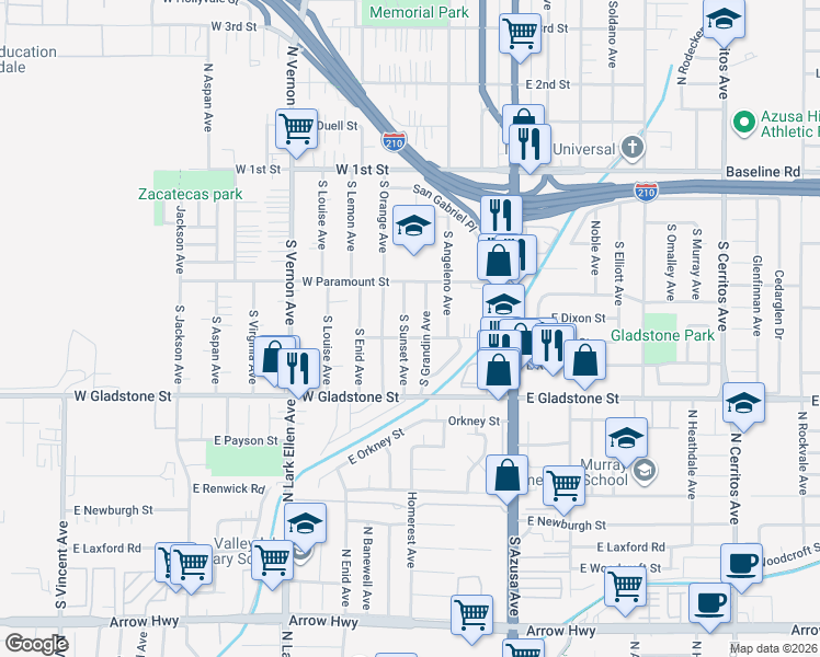 map of restaurants, bars, coffee shops, grocery stores, and more near 340 South Sunset Avenue in Azusa