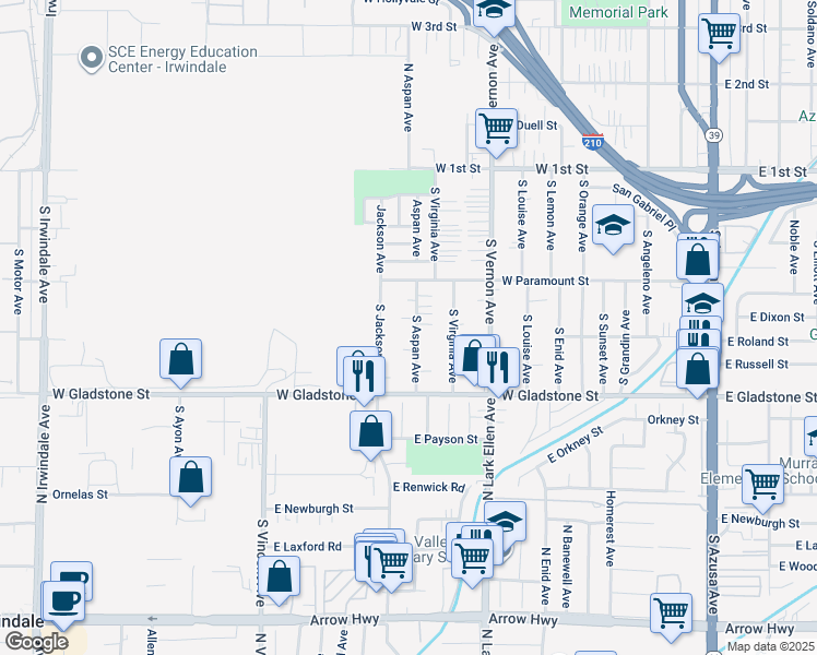 map of restaurants, bars, coffee shops, grocery stores, and more near 355 South Aspan Avenue in Azusa
