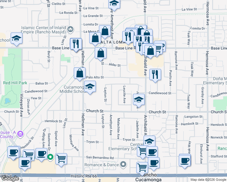 map of restaurants, bars, coffee shops, grocery stores, and more near 7584 Amethyst Avenue in Rancho Cucamonga