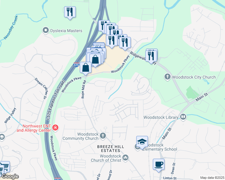map of restaurants, bars, coffee shops, grocery stores, and more near 516 Arden Close in Woodstock