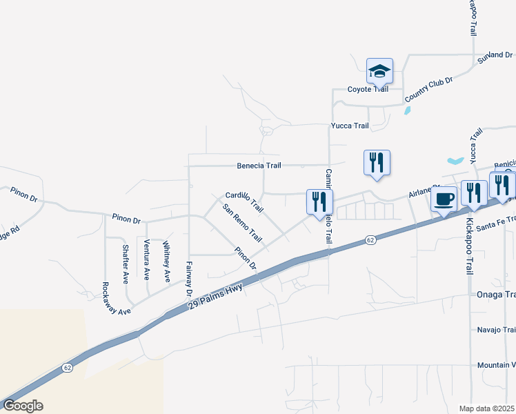 map of restaurants, bars, coffee shops, grocery stores, and more near Cardillo Trail in Yucca Valley