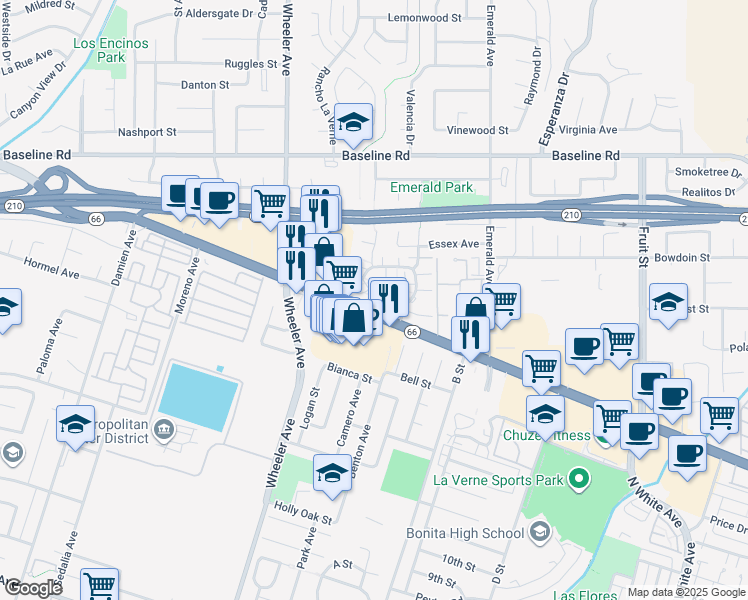 map of restaurants, bars, coffee shops, grocery stores, and more near 3807 Abbey Way in La Verne