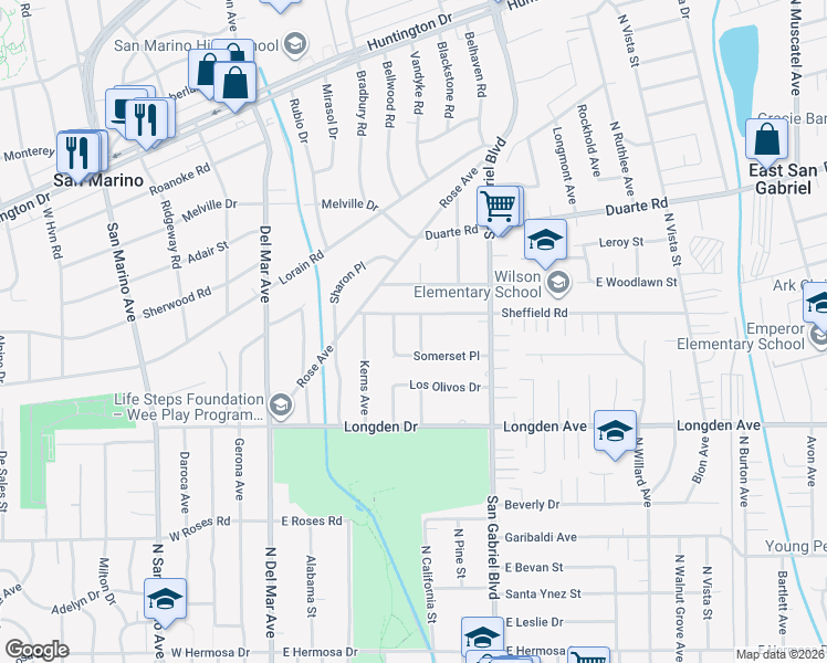 map of restaurants, bars, coffee shops, grocery stores, and more near 1970 Wellesley Road in San Marino