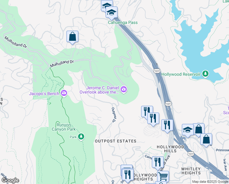 map of restaurants, bars, coffee shops, grocery stores, and more near 7080 Mulholland Drive in Los Angeles