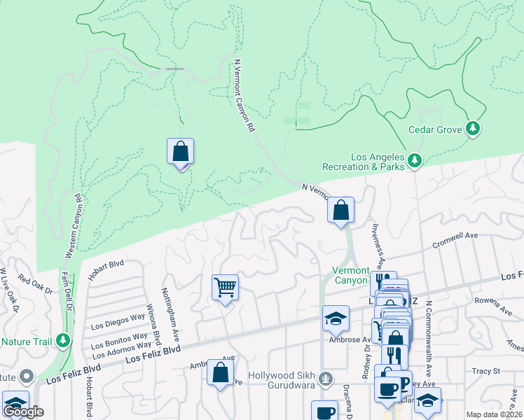 map of restaurants, bars, coffee shops, grocery stores, and more near 2720 Glendower Avenue in Los Angeles