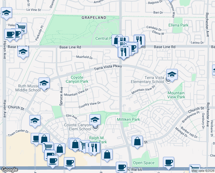 map of restaurants, bars, coffee shops, grocery stores, and more near 11194 Alencon Drive in Rancho Cucamonga