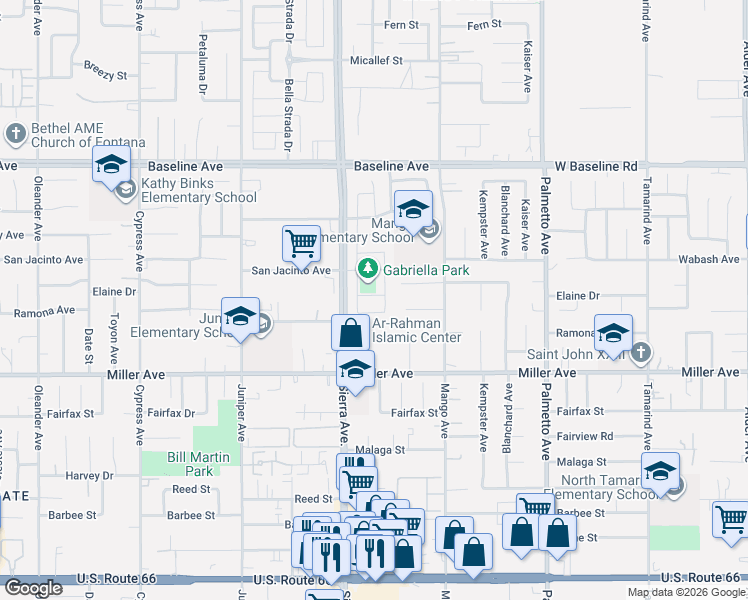 map of restaurants, bars, coffee shops, grocery stores, and more near 16939 Bayou Lane in Fontana