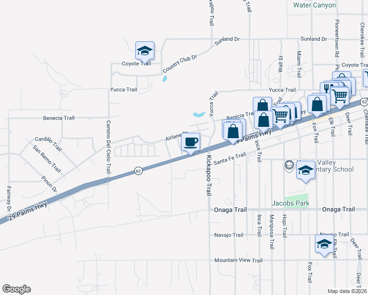 map of restaurants, bars, coffee shops, grocery stores, and more near 7559 Chemehuevi Way in Yucca Valley