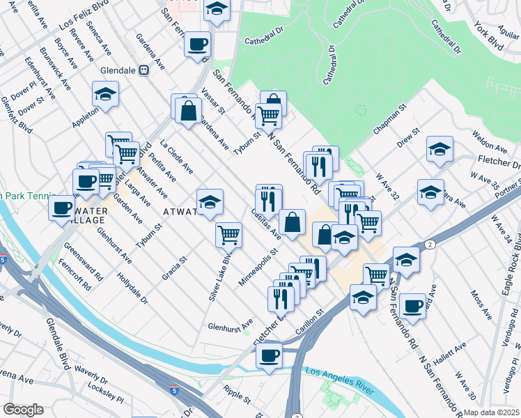 map of restaurants, bars, coffee shops, grocery stores, and more near 3272 Kazaz Lane in Los Angeles