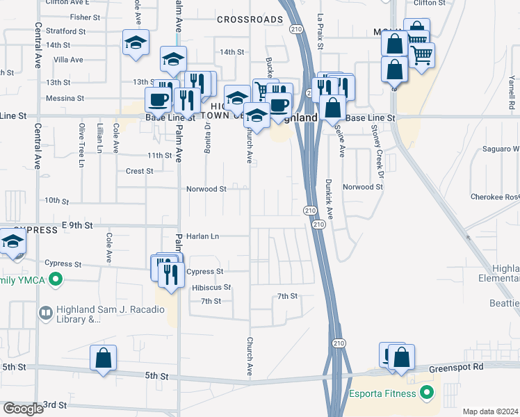 map of restaurants, bars, coffee shops, grocery stores, and more near 7560 Buckeye Street in Highland