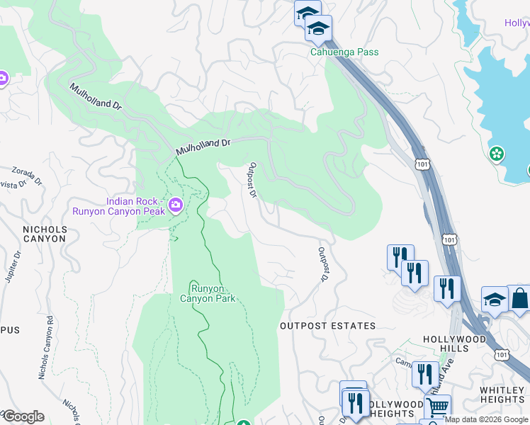 map of restaurants, bars, coffee shops, grocery stores, and more near 2600 Outpost Drive in Los Angeles