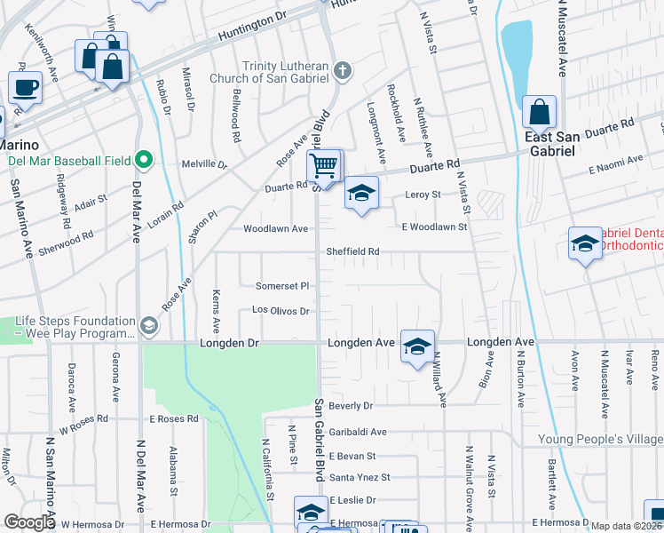 map of restaurants, bars, coffee shops, grocery stores, and more near 8216 Sheffield Road in San Gabriel