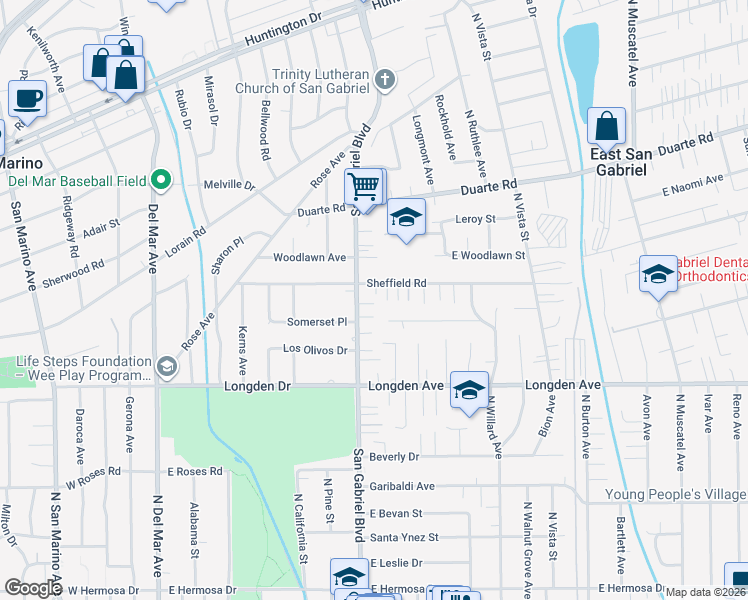 map of restaurants, bars, coffee shops, grocery stores, and more near 8216 Sheffield Road in San Gabriel