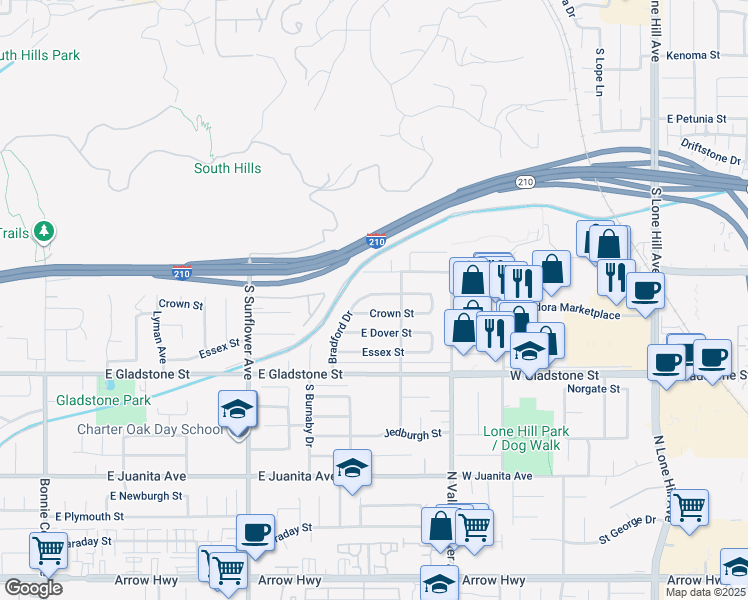map of restaurants, bars, coffee shops, grocery stores, and more near 1130 Bradford Drive in Glendora