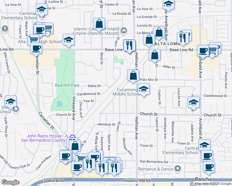 map of restaurants, bars, coffee shops, grocery stores, and more near 7577 Lion Street in Rancho Cucamonga