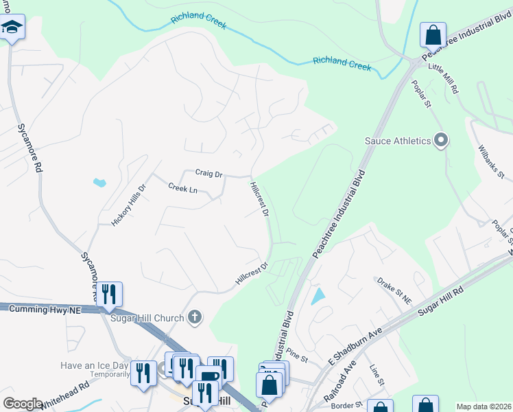 map of restaurants, bars, coffee shops, grocery stores, and more near 1495 Brookdale Drive in Sugar Hill