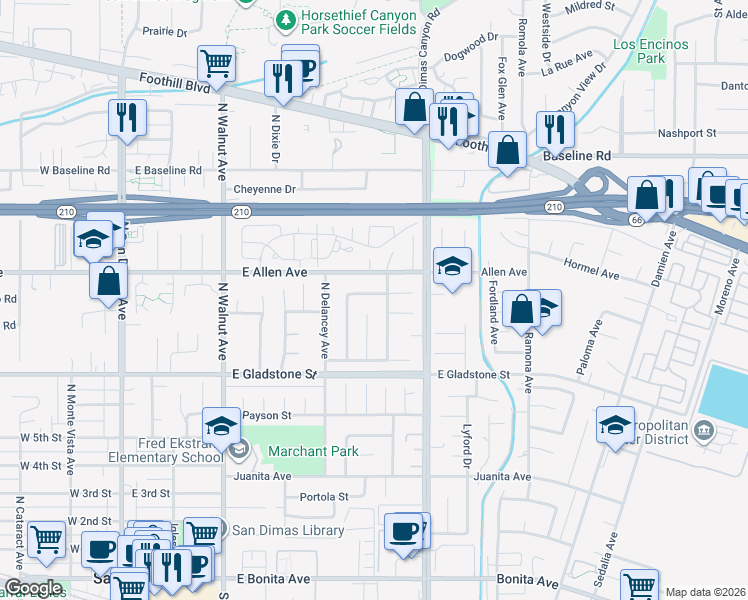 map of restaurants, bars, coffee shops, grocery stores, and more near 750 Churchill Avenue in San Dimas