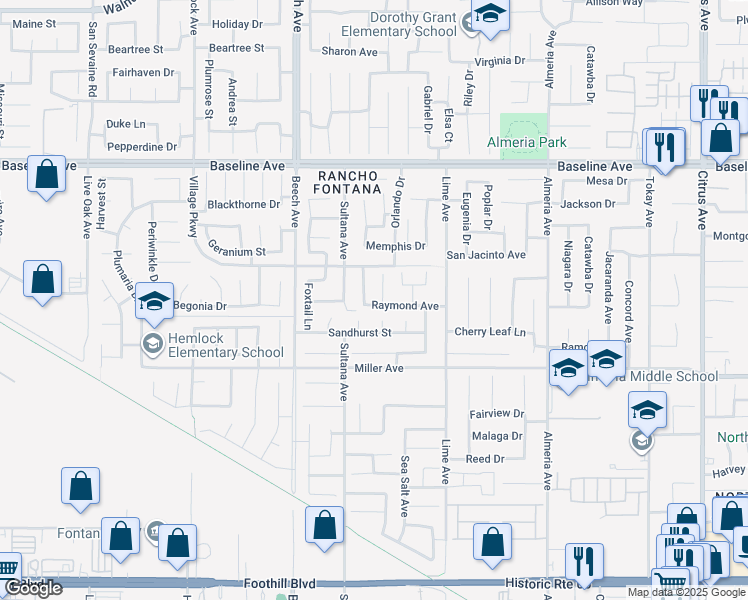 map of restaurants, bars, coffee shops, grocery stores, and more near 15454 Raymond Avenue in Fontana