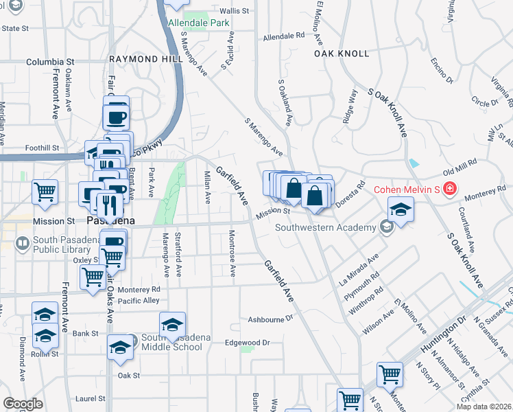 map of restaurants, bars, coffee shops, grocery stores, and more near 850 Garfield Avenue in South Pasadena