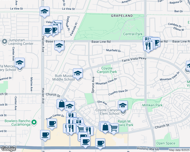 map of restaurants, bars, coffee shops, grocery stores, and more near 104 Spruce Avenue in Rancho Cucamonga