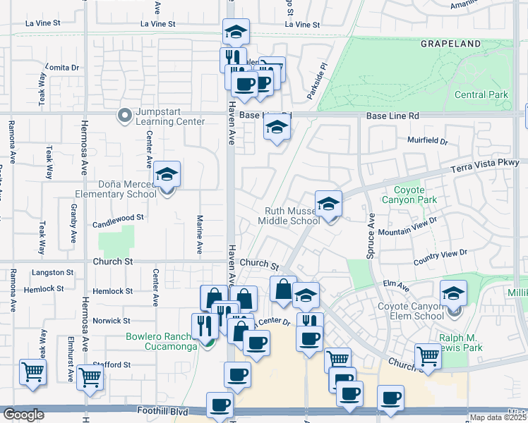 map of restaurants, bars, coffee shops, grocery stores, and more near 7619 Haven Avenue in Rancho Cucamonga