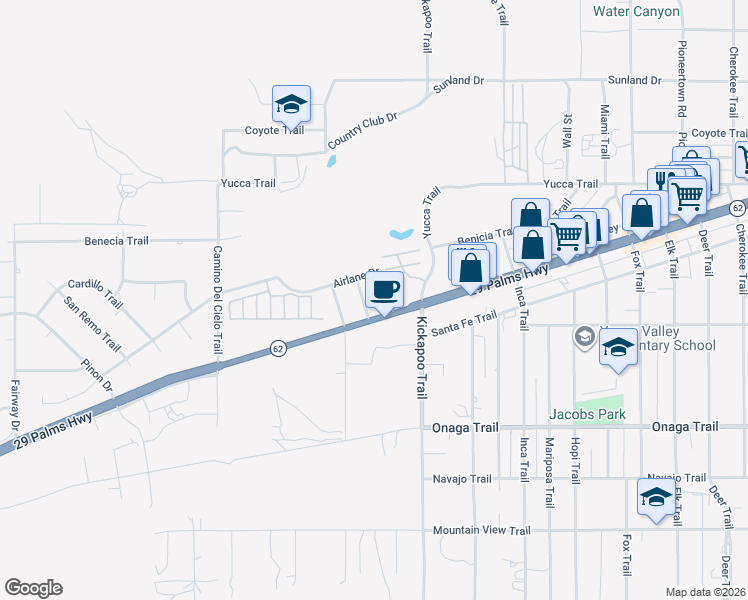 map of restaurants, bars, coffee shops, grocery stores, and more near 7559 Chemehuevi Way in Yucca Valley