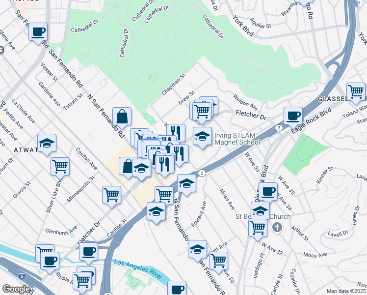 map of restaurants, bars, coffee shops, grocery stores, and more near 3100 Fletcher Drive in Los Angeles