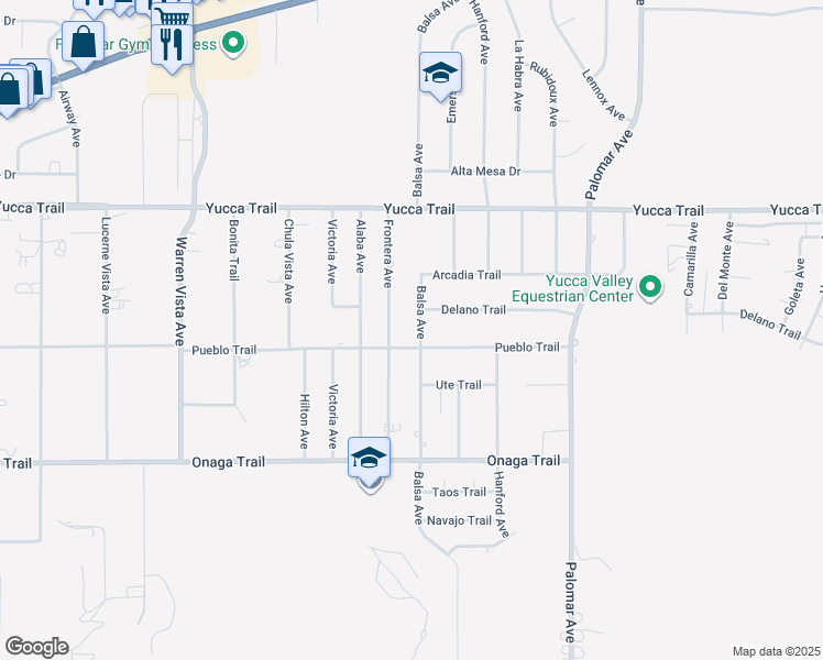 map of restaurants, bars, coffee shops, grocery stores, and more near 7504 Balsa Avenue in Yucca Valley
