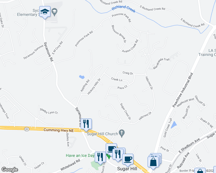 map of restaurants, bars, coffee shops, grocery stores, and more near 5126 Pass Court in Buford