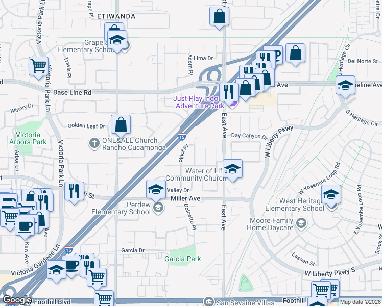 map of restaurants, bars, coffee shops, grocery stores, and more near 13170 River Oaks Drive in Rancho Cucamonga