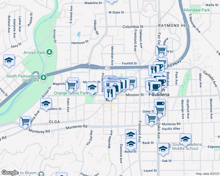 map of restaurants, bars, coffee shops, grocery stores, and more near 801 Meridian Avenue in South Pasadena