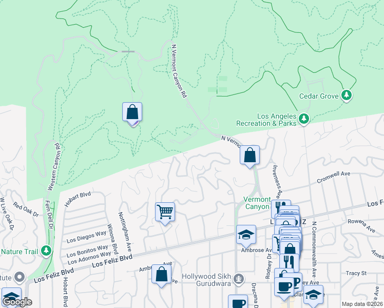 map of restaurants, bars, coffee shops, grocery stores, and more near 2720 Glendower Avenue in Los Angeles