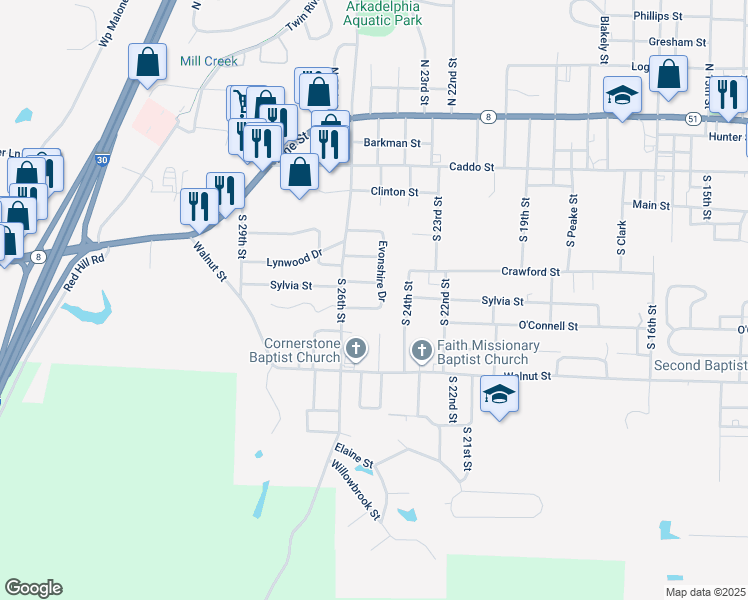 map of restaurants, bars, coffee shops, grocery stores, and more near 117 Evonshire Drive in Arkadelphia