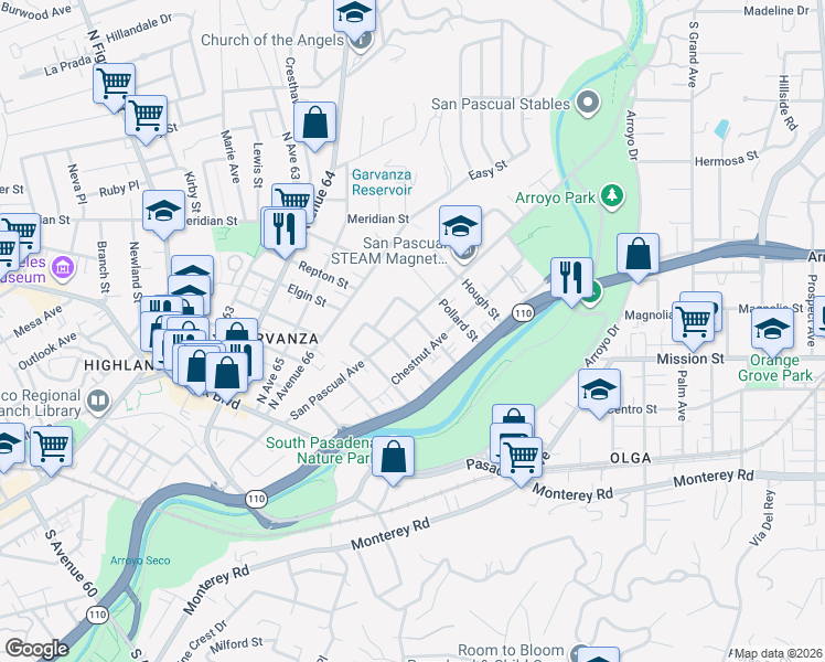 map of restaurants, bars, coffee shops, grocery stores, and more near 6720 Elgin Street in Los Angeles
