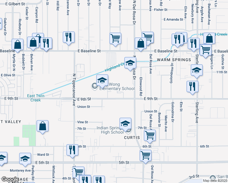 map of restaurants, bars, coffee shops, grocery stores, and more near 130 9th Street in San Bernardino
