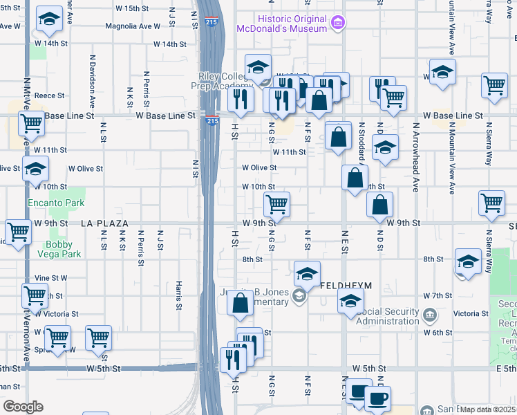 map of restaurants, bars, coffee shops, grocery stores, and more near 756 West 9th Street in San Bernardino