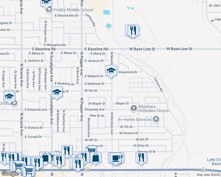 map of restaurants, bars, coffee shops, grocery stores, and more near 2731 West 9th Street in Rialto