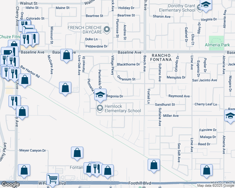 map of restaurants, bars, coffee shops, grocery stores, and more near 15083 Begonia Drive in Fontana