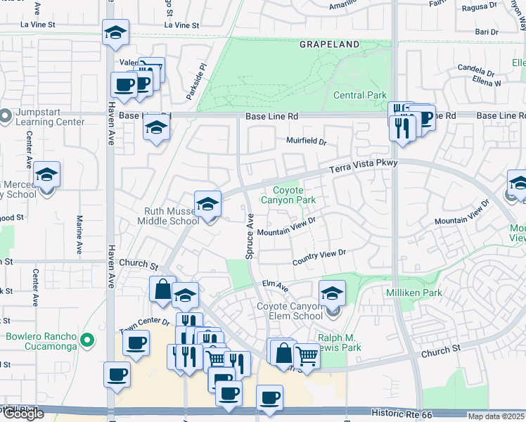 map of restaurants, bars, coffee shops, grocery stores, and more near 104 Spruce Avenue in Rancho Cucamonga