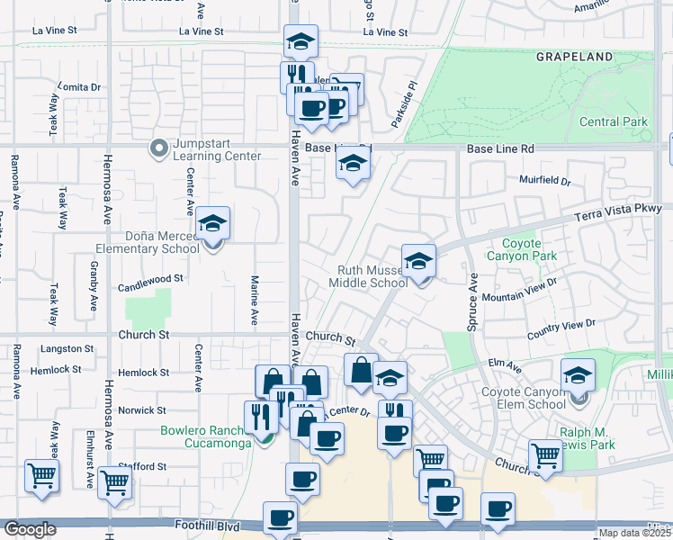 map of restaurants, bars, coffee shops, grocery stores, and more near 7619 Haven Avenue in Rancho Cucamonga