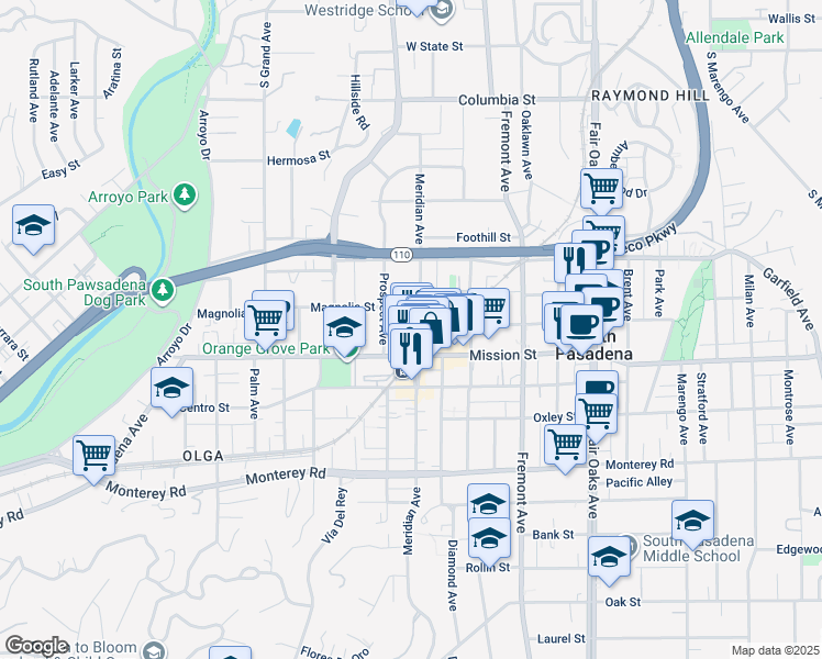 map of restaurants, bars, coffee shops, grocery stores, and more near in South Pasadena