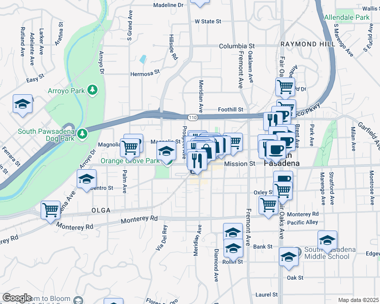 map of restaurants, bars, coffee shops, grocery stores, and more near in South Pasadena