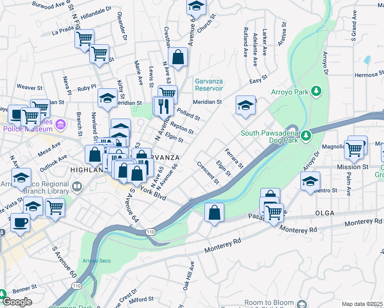 map of restaurants, bars, coffee shops, grocery stores, and more near 6639 Crescent Street in Los Angeles