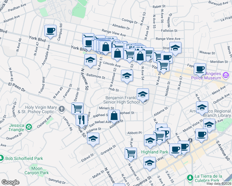 map of restaurants, bars, coffee shops, grocery stores, and more near 5227 Irvington Place in Los Angeles