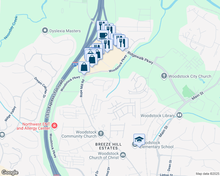 map of restaurants, bars, coffee shops, grocery stores, and more near 516 Arden Close in Woodstock