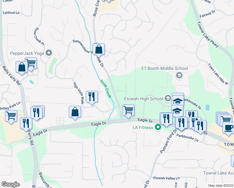 map of restaurants, bars, coffee shops, grocery stores, and more near 1002 Fernbank Drive in Woodstock
