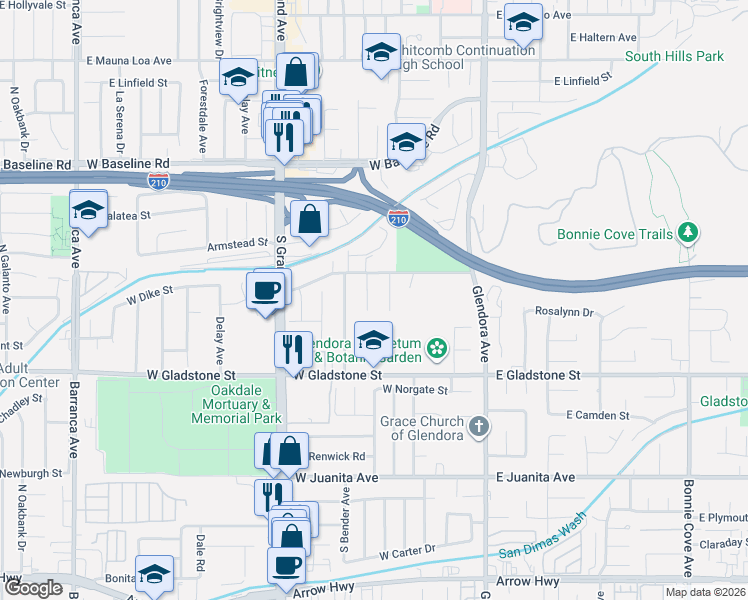 map of restaurants, bars, coffee shops, grocery stores, and more near 1240 South Washington Avenue in Glendora