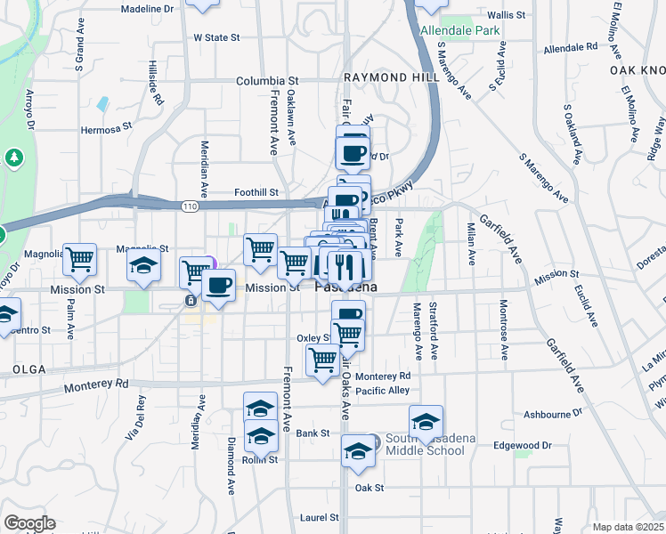map of restaurants, bars, coffee shops, grocery stores, and more near in South Pasadena